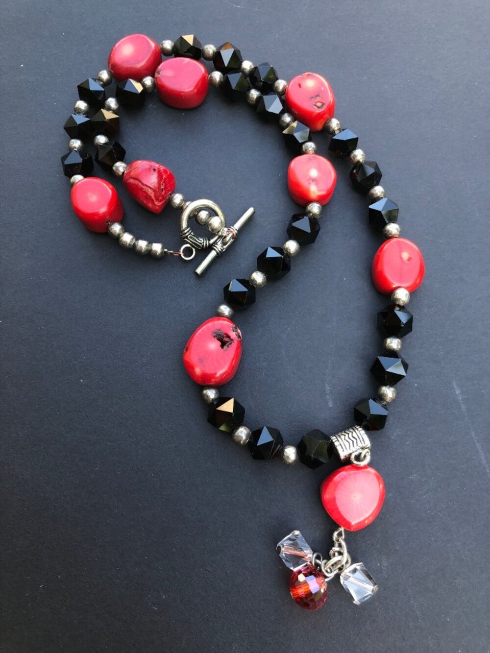 Natural large red Coral and black crystal bead chunky necklace